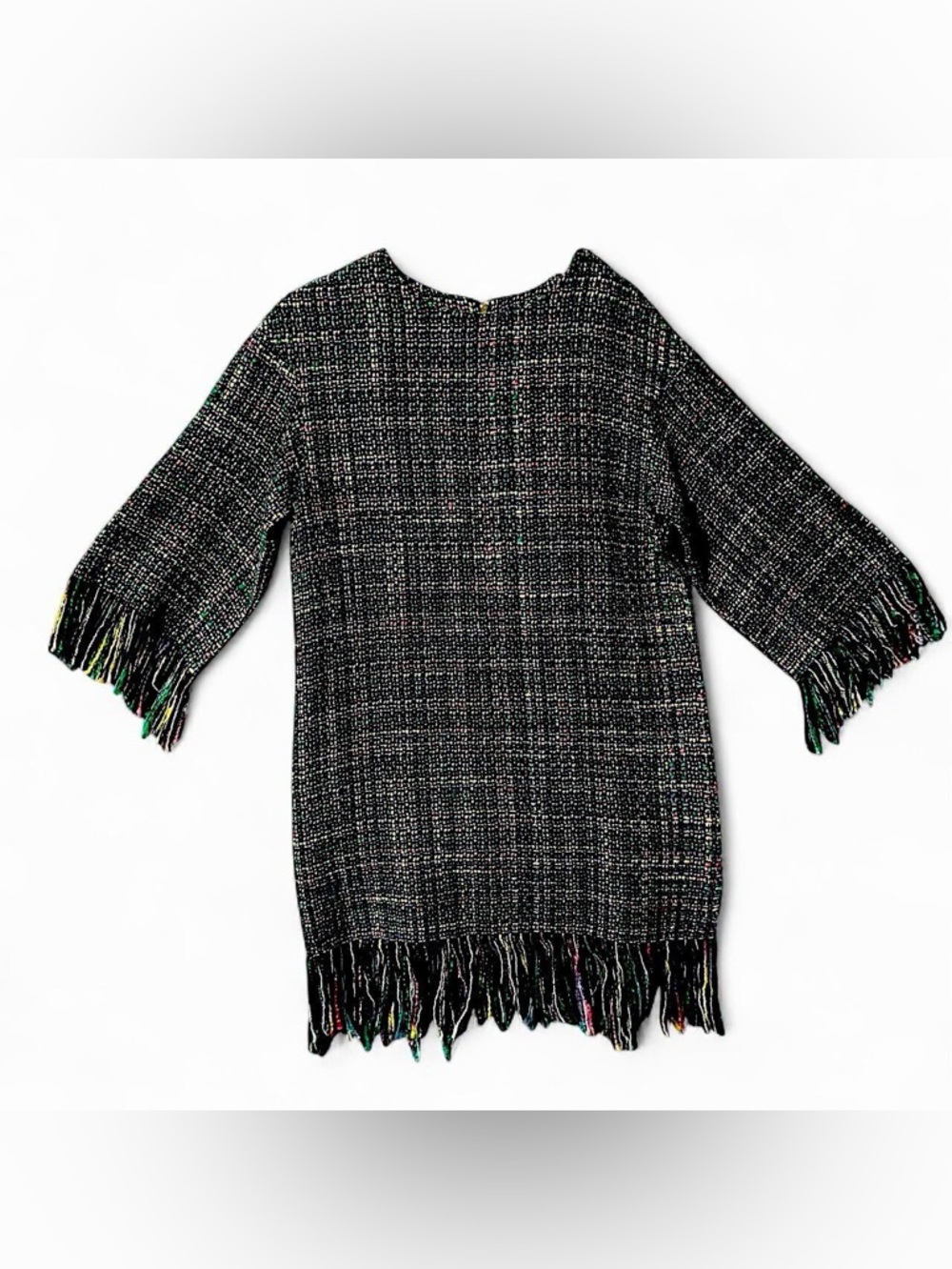 Colorful Tweed Fringe Mini Dress – Y2K Multicolor Statement Shift (Size S)